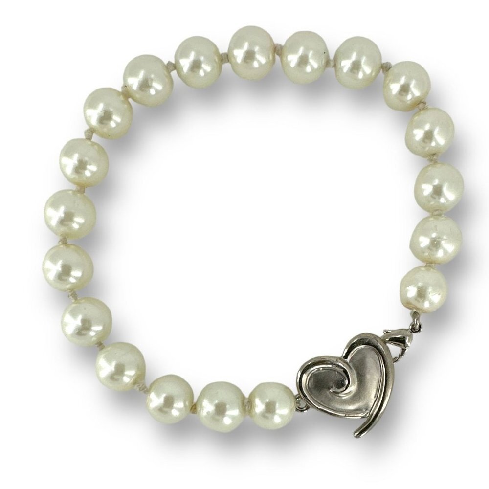 Mary Kay Heart Charm Link Knotted Faux Pearl Beaded Bracelet 7.5" Lobster Claw C